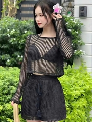 Bộ đồ nữ 3 món áo croptop tay dài quần short 2 lớp kèm áo bra