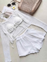 Bộ đồ nữ 3 món áo croptop tay dài quần short 2 lớp kèm áo bra