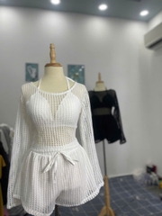Bộ đồ nữ 3 món áo croptop tay dài quần short 2 lớp kèm áo bra