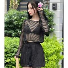 Bộ đồ nữ 3 món áo croptop tay dài quần short 2 lớp kèm áo bra