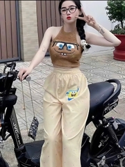 Sét đồ nữ họa tiết bọt biển áo yếm lông quần ống rộng thời trang