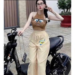 Sét đồ nữ họa tiết bọt biển áo yếm lông quần ống rộng thời trang