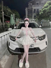 Sét đồ nữ áo cúp bẹt vai đính nơ váy tầng xoè