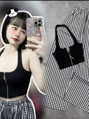 Sét đồ nữ quần dài caro áo yếm thun khóa kéo đồng