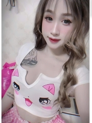 Sét đồ nữ quần dài caro lưng phối ren áo thun xẻ in mặt mèo