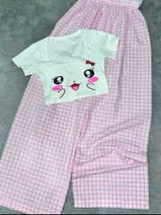 Sét đồ nữ quần dài caro lưng phối ren áo thun xẻ in mặt mèo