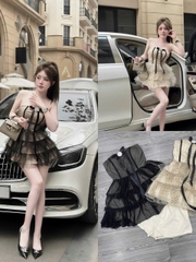 Đầm cúp nữ lưới bi 2 lớp đính nơ đá kèm quần trong