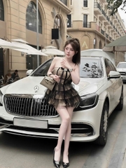 Đầm cúp nữ lưới bi 2 lớp đính nơ đá kèm quần trong