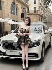Đầm cúp nữ lưới bi 2 lớp đính nơ đá kèm quần trong