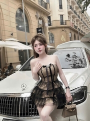 Đầm cúp nữ lưới bi 2 lớp đính nơ đá kèm quần trong