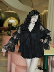 Sét đồ nữ váy xốp nhún áo ren babydoll tay dài tầng