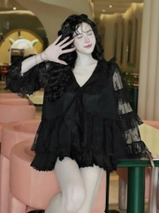 Sét đồ nữ váy xốp nhún áo ren babydoll tay dài tầng
