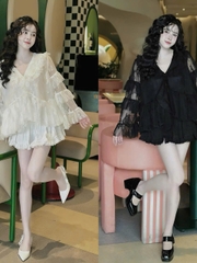 Sét đồ nữ váy xốp nhún áo ren babydoll tay dài tầng