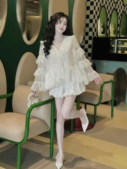 Sét đồ nữ váy xốp nhún áo ren babydoll tay dài tầng
