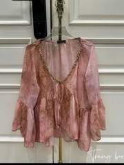 Áo nữ babydoll voan tơ mỏng nhẹ cổ V trang trí đá