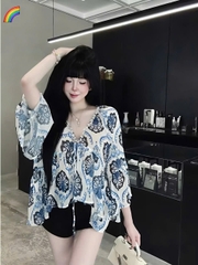 Áo nữ babydoll voan tơ mỏng nhẹ cổ V trang trí đá