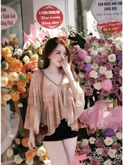 Áo nữ babydoll voan tơ mỏng nhẹ cổ V trang trí đá