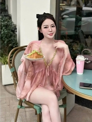 Áo nữ babydoll voan tơ mỏng nhẹ cổ V trang trí đá