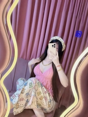Sét bộ nữ hotrend quần dài mèo kitty áo yếm lông hồng