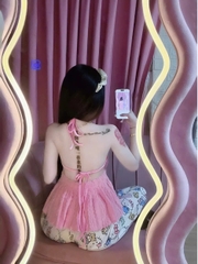 Sét bộ nữ hotrend quần dài mèo kitty áo yếm lông hồng
