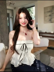 Áo Quây Nữ Hotrend Thắt Nơ Viền Ren Xếp Li Eo Dễ Thương Sang Chảnh Chất Vải Lụa Mềm Mại Thân Sau Áo Chạy Chỉ Chun Co Giã