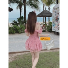 Đầm Tibu_Hum fashion trễ vai 2 dây đính nơ dúm thân ôm eo cho phụ nữ xinh đẹp