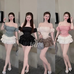 SÉt bộ nữ TIbu_Hum fashion :chân váy 2 tầng áo cúp trễ vai