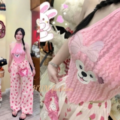 Sét nữ quần dài hoạ tiết trái dâu áo lông cổ yếm in gấu xinh Tibu_HUM fashion
