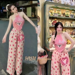 Sét nữ quần dài hoạ tiết trái dâu áo lông cổ yếm in gấu xinh Tibu_HUM fashion