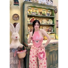 Sét nữ quần dài hoạ tiết trái dâu áo lông cổ yếm in gấu xinh Tibu_HUM fashion