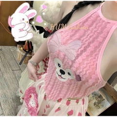 Sét nữ quần dài hoạ tiết trái dâu áo lông cổ yếm in gấu xinh Tibu_HUM fashion