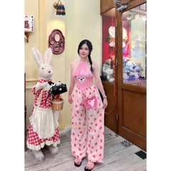Sét nữ quần dài hoạ tiết trái dâu áo lông cổ yếm in gấu xinh Tibu_HUM fashion