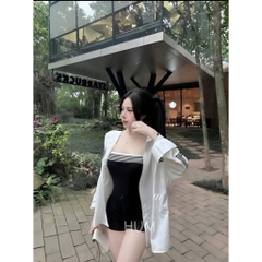 Sét 2 món váy cúp ngực viền kẻ kèm áo khoác bên ngoài sang chảnh năng động