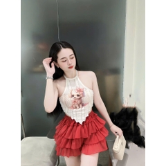 Sét đồ nữ chân váy tầng áo yếm lông in cún xinh