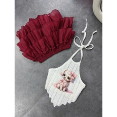 Sét đồ nữ chân váy tầng áo yếm lông in cún xinh