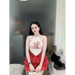 Sét đồ nữ chân váy tầng áo yếm lông in cún xinh