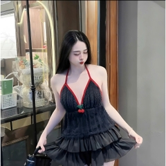 Sét đồ nữ áo yếm lông trang trí cherry chân váy tơ tầng - Hàng mới về - Women, Dress Top