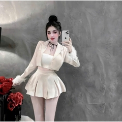 Sét bộ vest 3 món áo tay dài phối lông tay chân váy xếp li kèm áo ống nữ