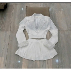 Sét bộ vest 3 món áo tay dài phối lông tay chân váy xếp li kèm áo ống nữ