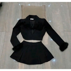 Sét bộ vest 3 món áo tay dài phối lông tay chân váy xếp li kèm áo ống nữ