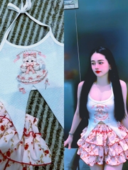 Sét đồ nữ váy tầng áo yếm lông in mèo xinh