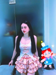 Sét đồ nữ váy tầng áo yếm lông in mèo xinh