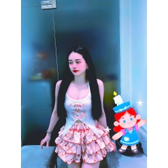 Sét đồ nữ váy tầng áo yếm lông in mèo xinh