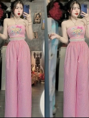 Sét đồ nữ quần dài caro lưng phối ren áo ống in trái tim gấu