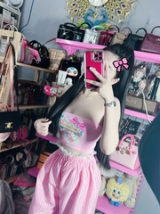 Sét đồ nữ quần dài caro lưng phối ren áo ống in trái tim gấu
