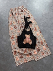 Sét đồ nữ áo yếm lông in gấu quần ống suông rộng họa tiết gấu