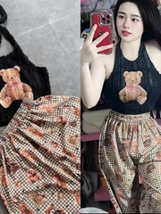 Sét đồ nữ áo yếm lông in gấu quần ống suông rộng họa tiết gấu