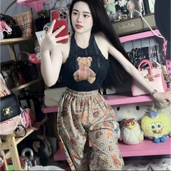 Sét đồ nữ áo yếm lông in gấu quần ống suông rộng họa tiết gấu