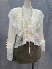 Áo nữ hotrend babydoll bèo cổ tay dài phối ren kem xinh xắn