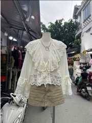 Áo nữ hotrend babydoll bèo cổ tay dài phối ren kem xinh xắn